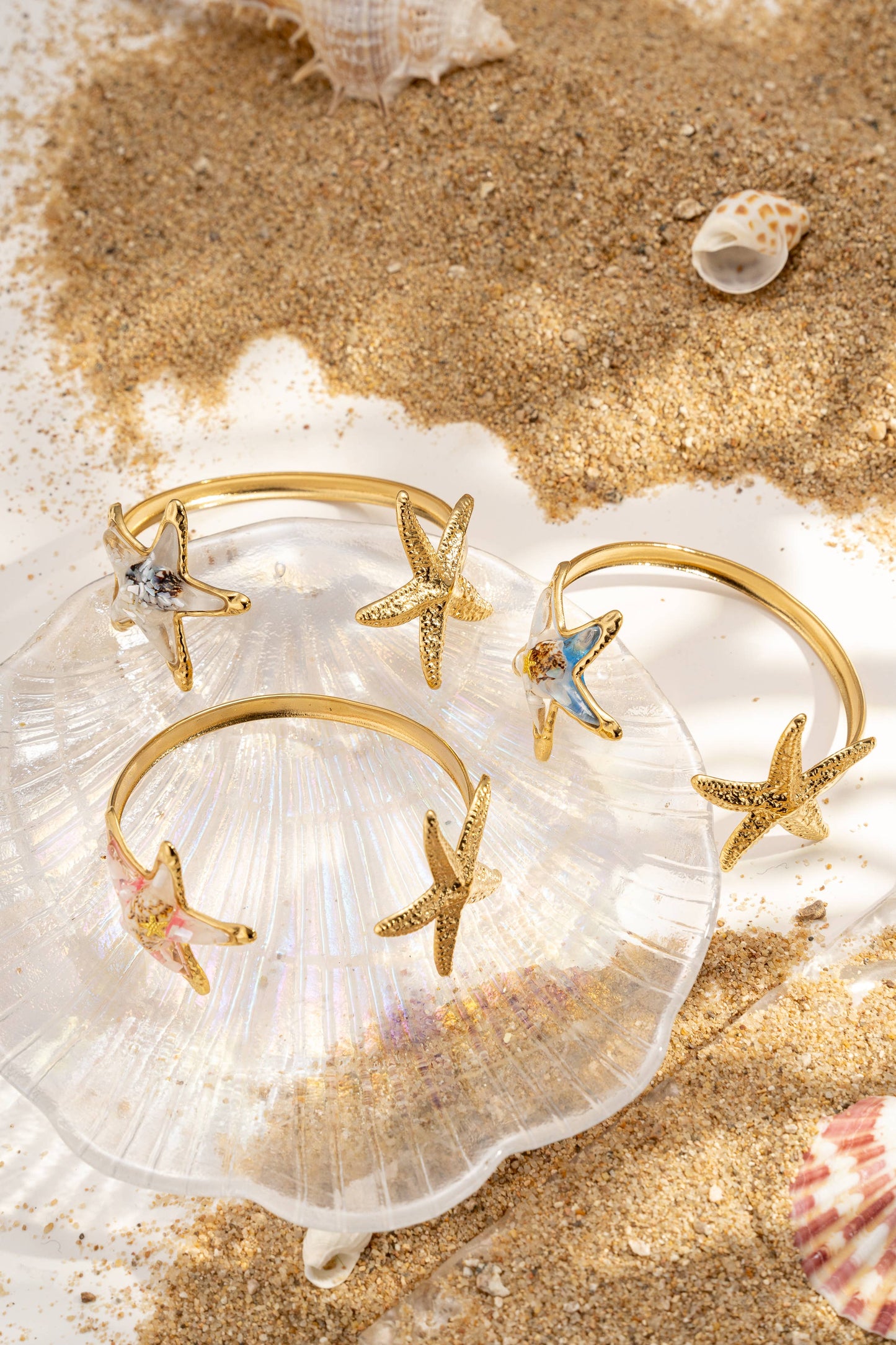 Bracelet Jonc Ajustable Acier Inoxydable Doré Étoiles de Mer