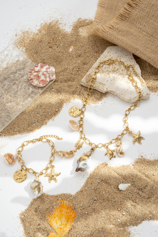 Parure collier bracelet charm océan étoile tortue coquillage