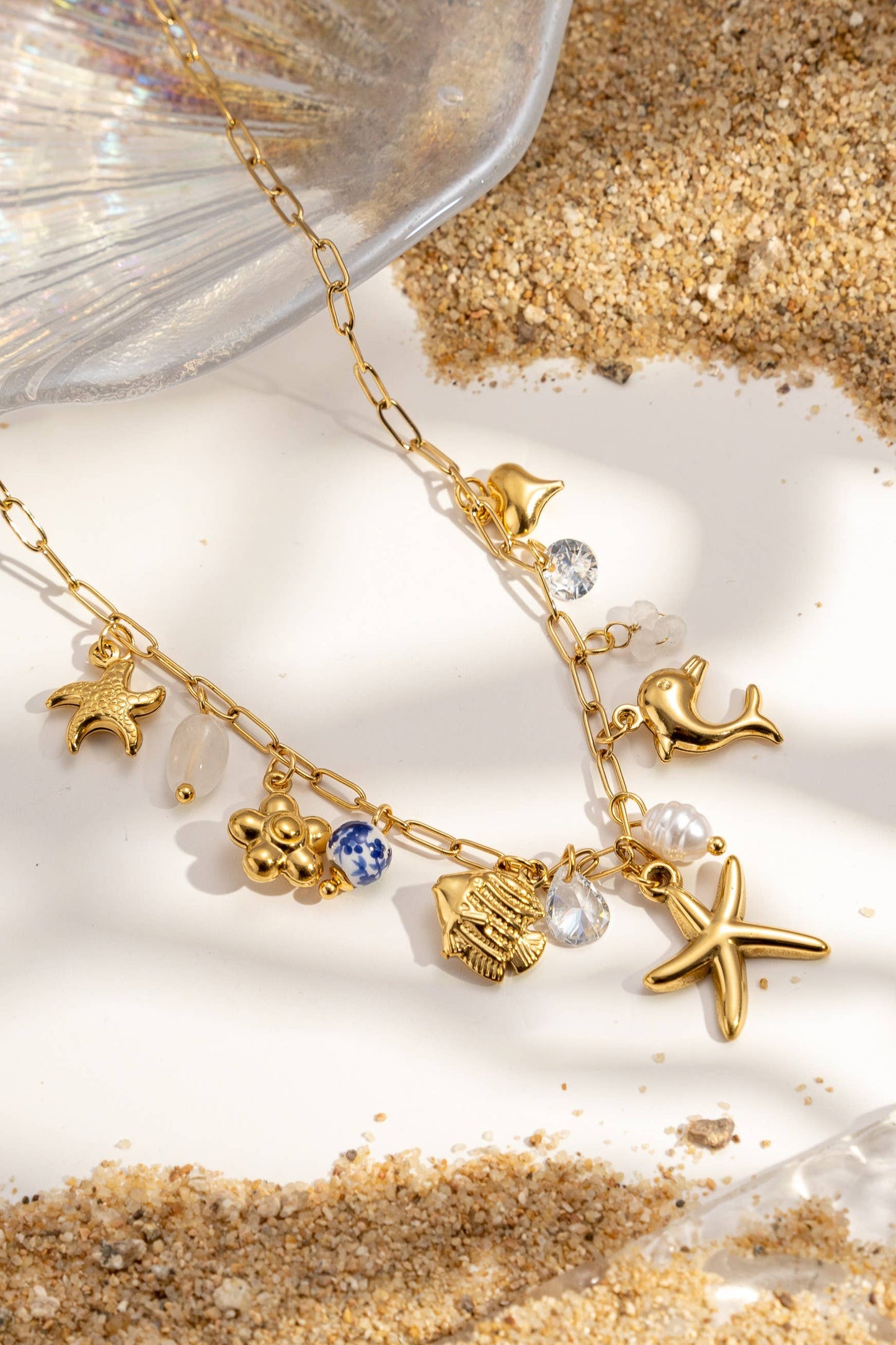 Collier charms marin acier inoxydable doré coquillage étoile