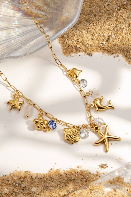 Collier charms marin acier inoxydable doré coquillage étoile