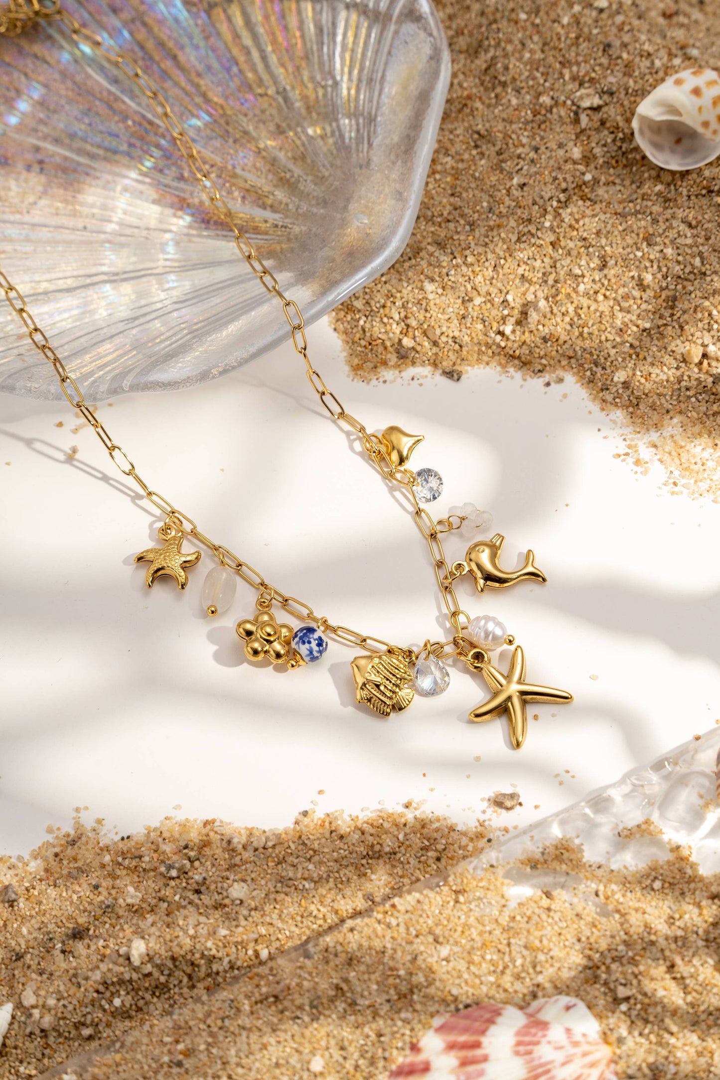 Collier charms marin acier inoxydable doré coquillage étoile